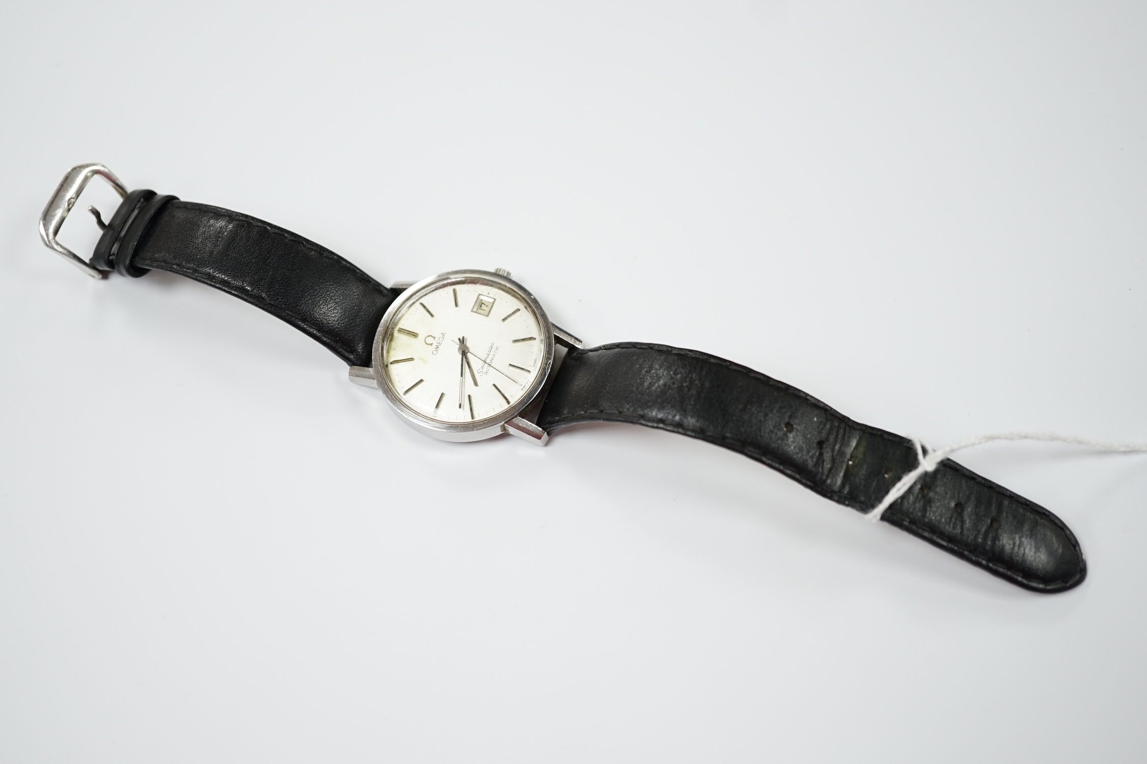 A gentleman's late 1970's stainless steel Omega Seamaster automatic wrist watch, on associated leather strap.